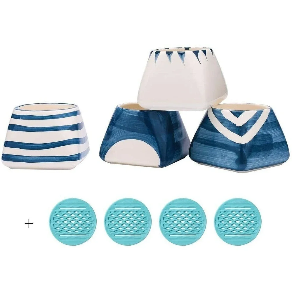 Ceramic Succulent Planter Pots with Drain Hole - White Blue Square  - Touch Miss